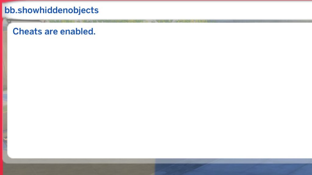 A screenshot from The Sims 4 showing the bb.showhiddenobjects cheat in the cheat box