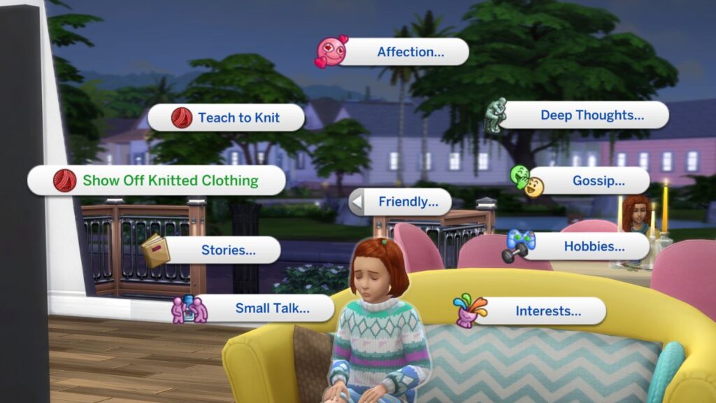 A screenshot from The Sims 4 showing how to show off knitted clothing for the lady of the knits aspiration.