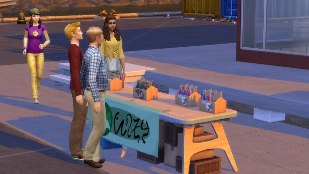 A screenshot showing a sim at a marketplace table selling their juice