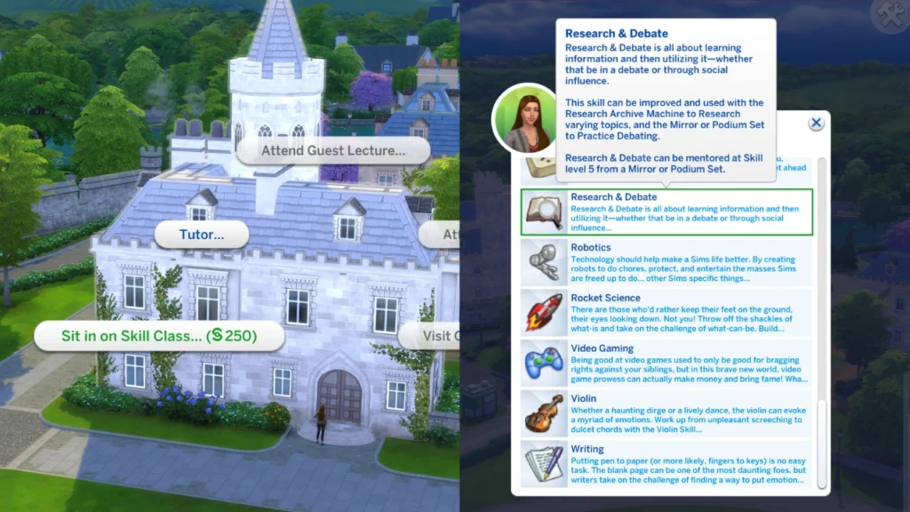 A screenshot from The Sims 4 showing the options to sit in on a skill class for research and debate