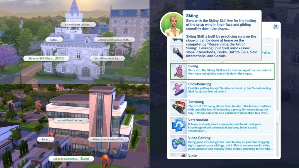 A screenshot from The Sims 4 of the option to take a skiing skill class 
