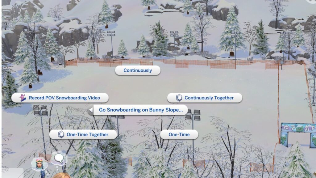 A  screenshot of the bunny slopes and snowboarding options 