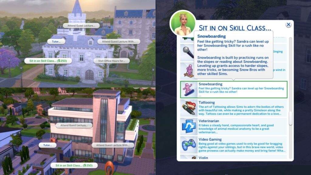 A screenshot from The Sims 4 showing the snowboarding skill classes sims can take 