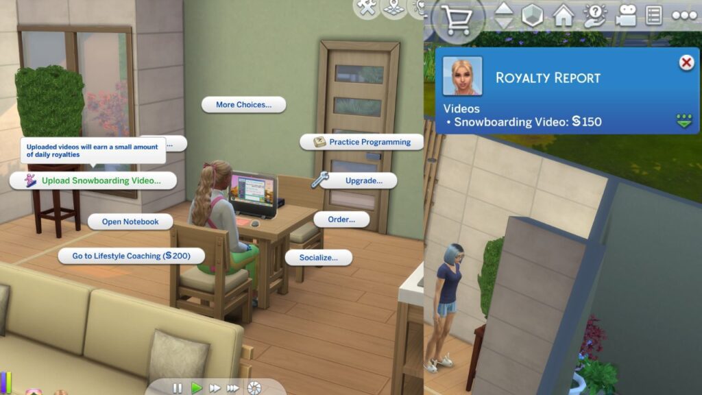 A screenshot from the sims 4 showing the option to upload snowboarding video and the royalties you get 