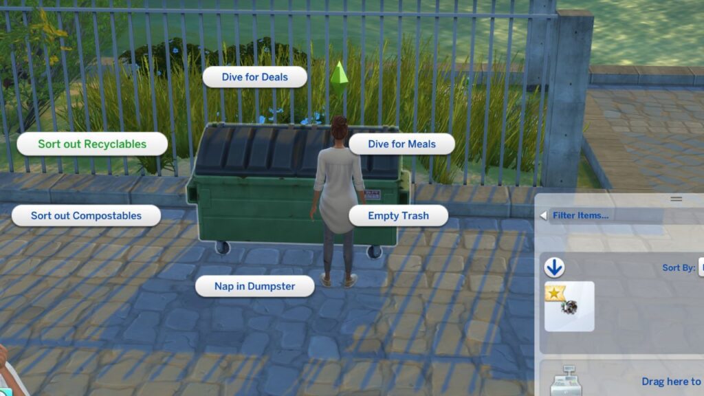 a screenshot from the sims 4 showing how to sort out recyclables at a dumpster 
