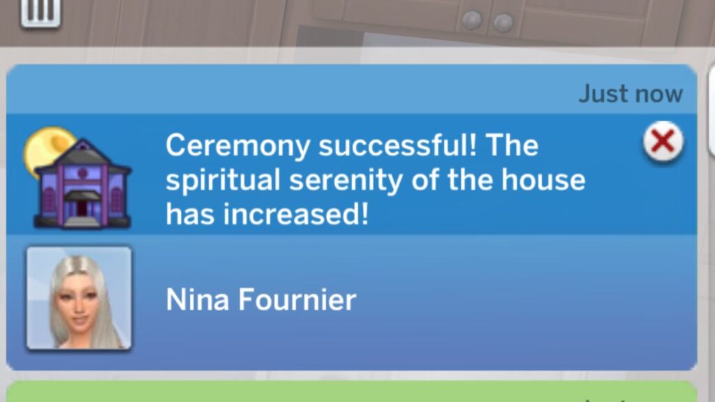 A screenshot from The Sims 4 showing that a ceremony was successful