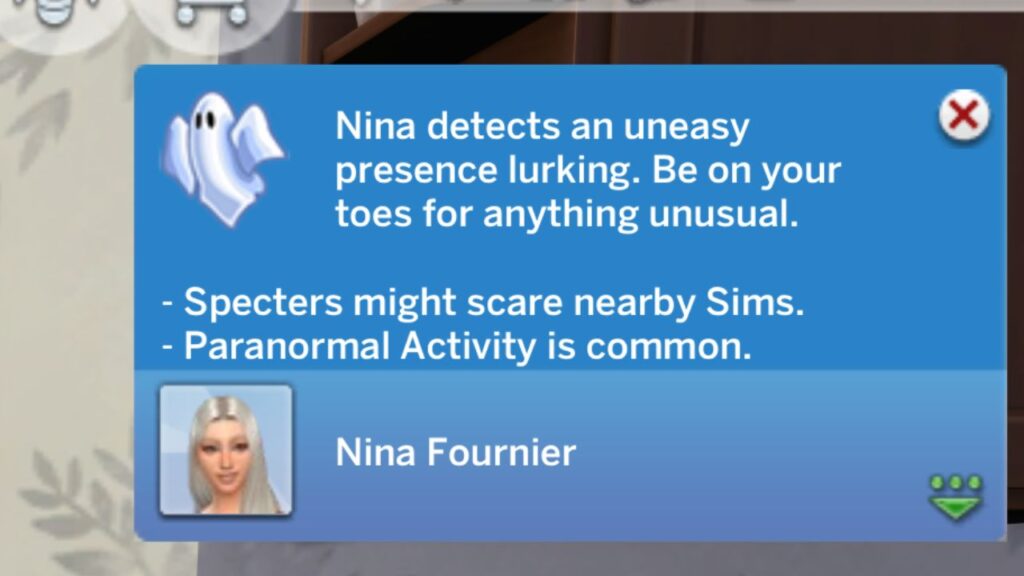 A screenshot of a notification from a sim checking how haunted their house is