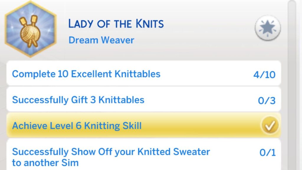 A screenshot from The Sims 4 showing the third stage of the lord or lady of the knits aspiration
