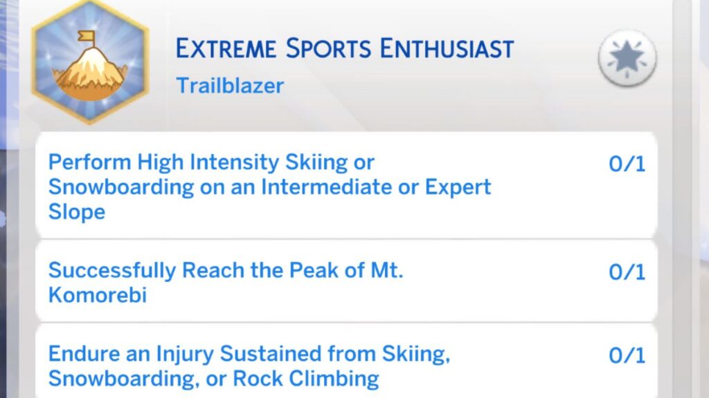 A screenshot of the third stage of the extreme sports enthusiast aspiration