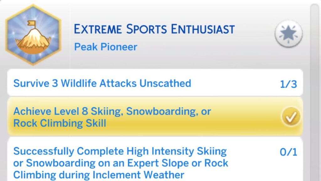 A screenshot from The Sims 4 of the fourth level of the extreme sports enthusiast aspiration
