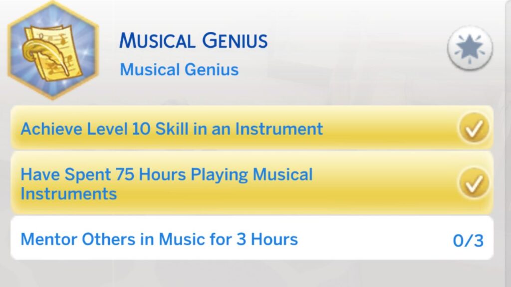 A screenshot from The Sims 4 of the fourth stage of the musical genius aspiration