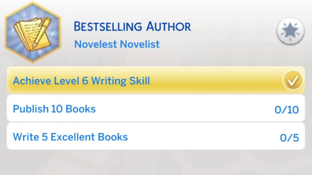 A screenshot of the third stage of the best selling author aspiration from The Sims 4