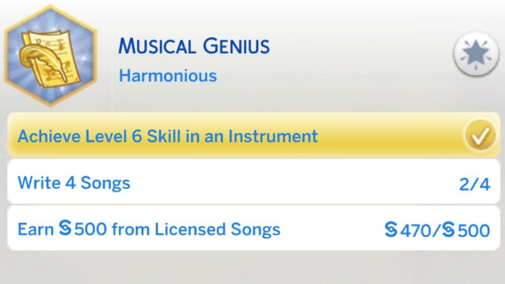 A screenshot from The Sims 4 of the third stage of the musical genius aspiration