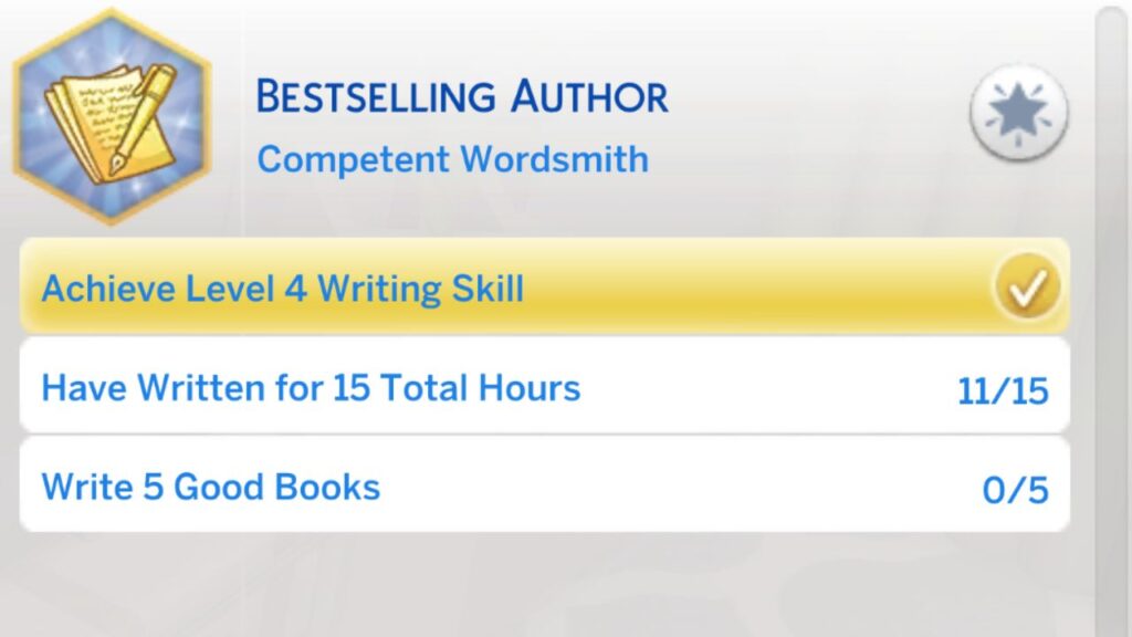 A screenshot of the second stage of the best selling author aspiration from The Sims 4