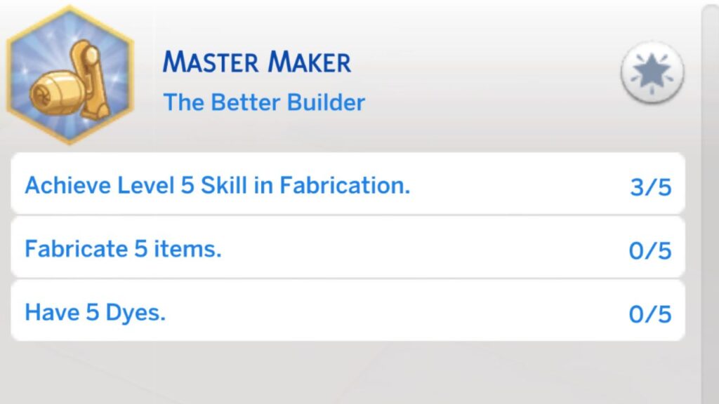 A screenshot from The Sims 4 showing the second stage of the master maker aspiration