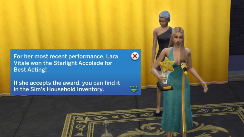 A screenshot of my sim accepting a reward for best acting 