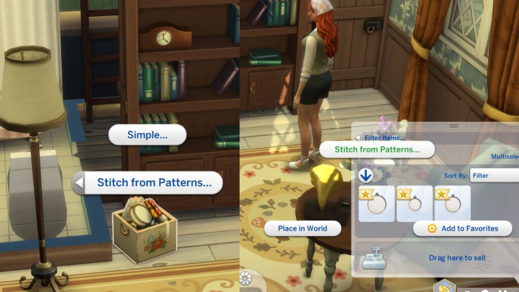 Two screenshots from The Sims 4 of the options to start doing cross stitch