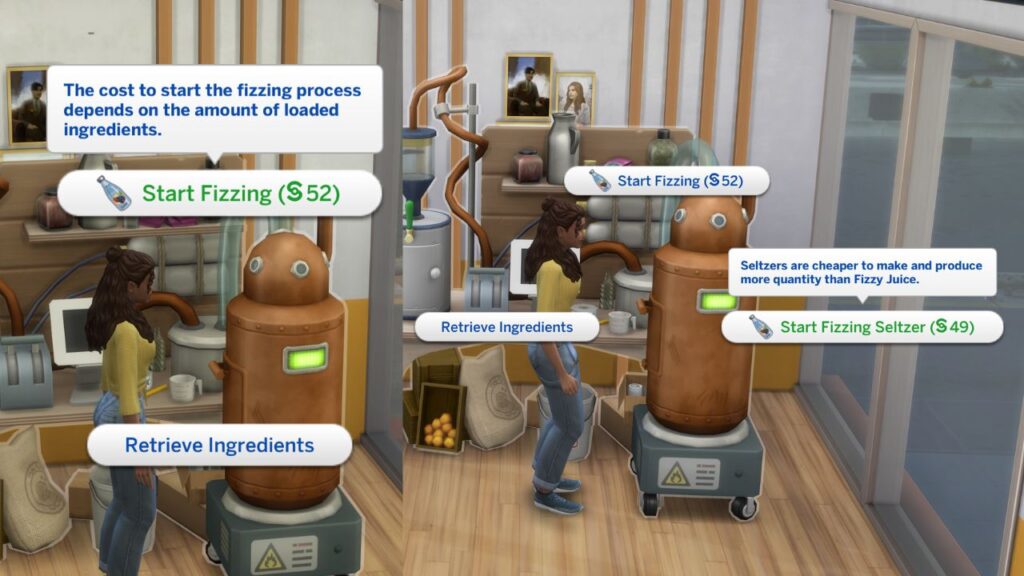 A screenshot from the sims 4 showing the menu to start fizzing juice or fizzing seltzer