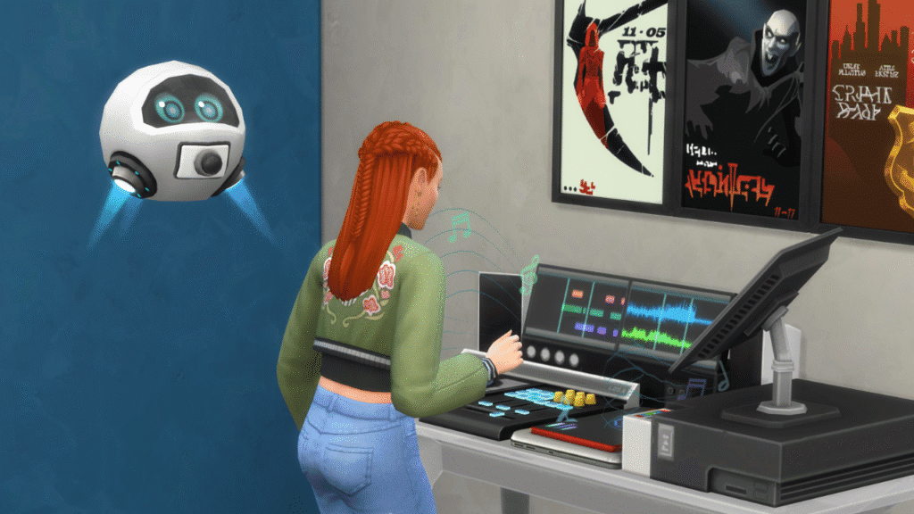 A screenshot from The Sims 4 showing a sim who is creating tracks on the music station while a drone streams them