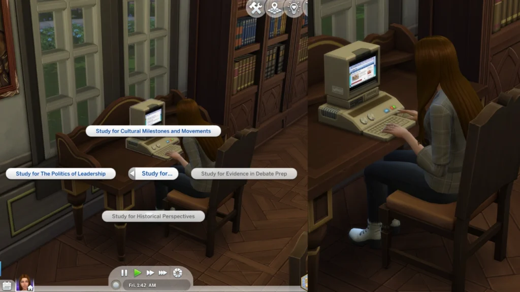 A screenshot from The Sims 4 showing the archive machine options for studying for classes