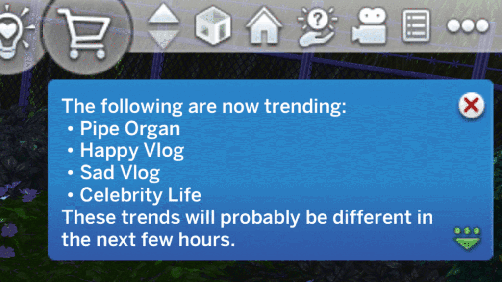 A screenshot from The Sims 4 showing the video topics that are trending 