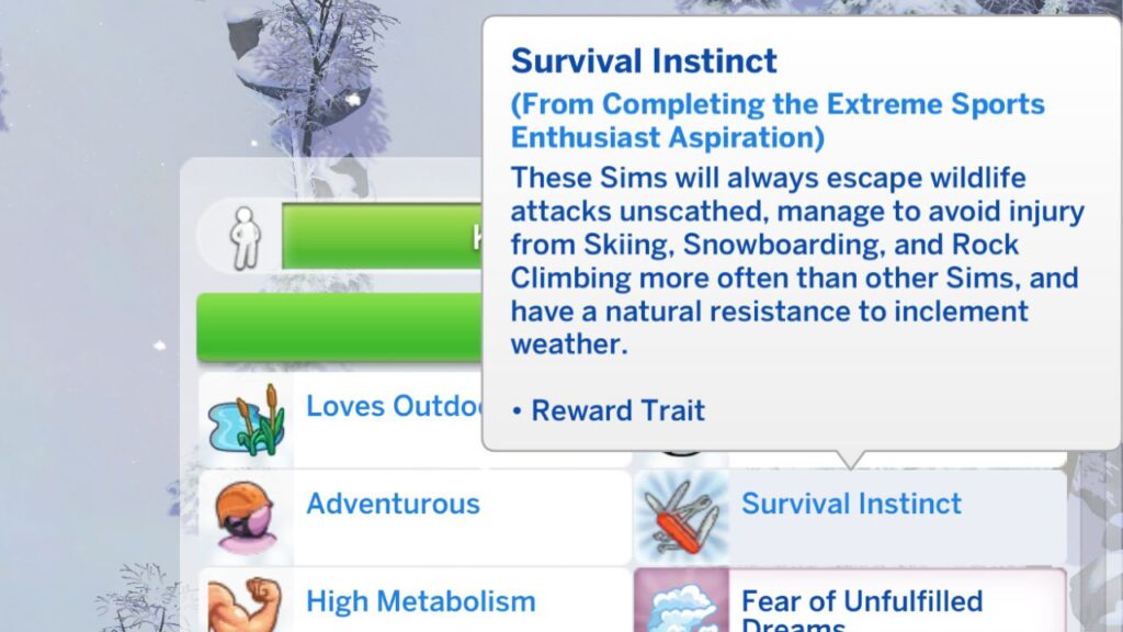 A screenshot from The Sims 4 showing the survival instinct reward trait