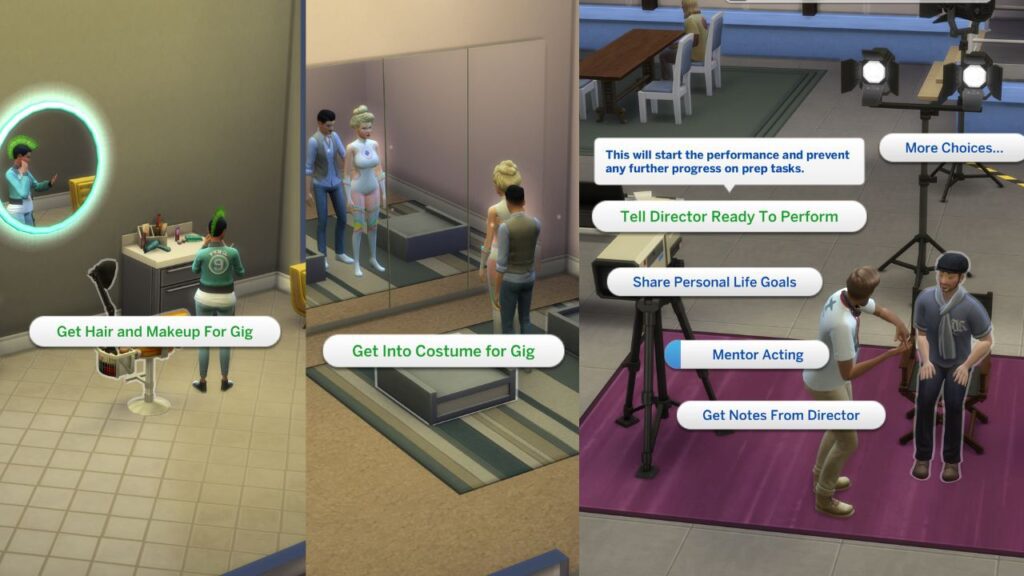 A screenshot showing how to get into hair and make up and tell director you are ready in The Sims 4 
