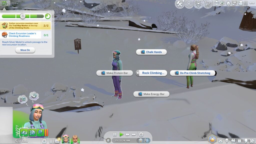 A screenshot from The Sims 4 of two sims on a mountain climbing excursion