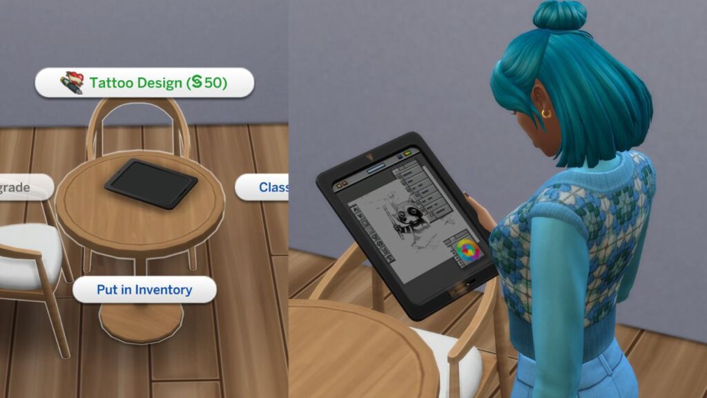 A screenshot from The Sims 4 showing the option to create a tattoo design on a sketch pad