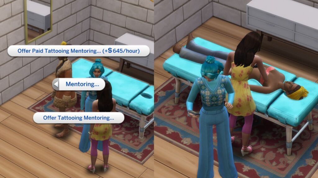 A screenshot from The Sims 4 showing how sims can offer tattoo mentoring to other sims.