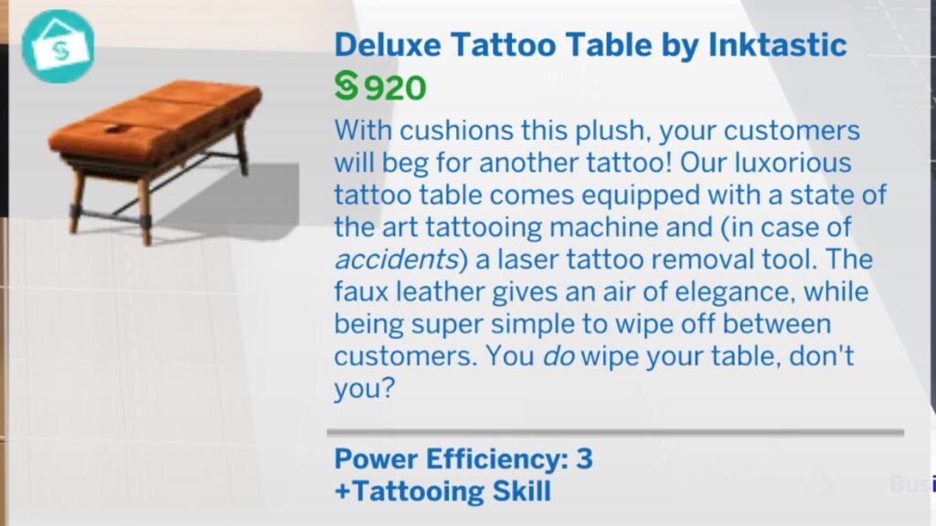 A screenshot from The Sims 4 showing the build mode listing for the Deluxe Tattoo Table by Inktastic