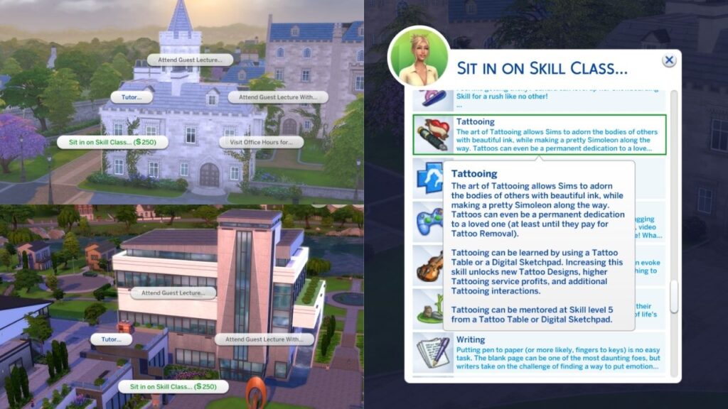 A screenshot from The Sims 4 showing that sims can take a tattooing skill class in University.