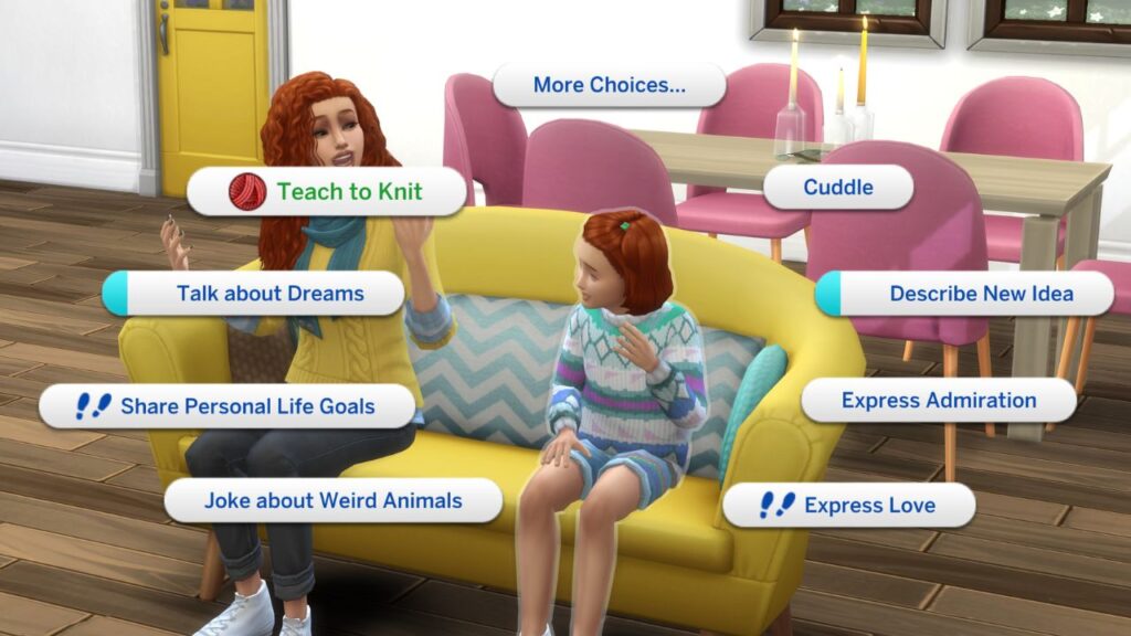 A screenshot from The Sims 4 of the teach to knit option