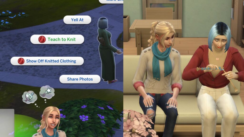 A screenshot from the sims 4 showing the option to teach to knit