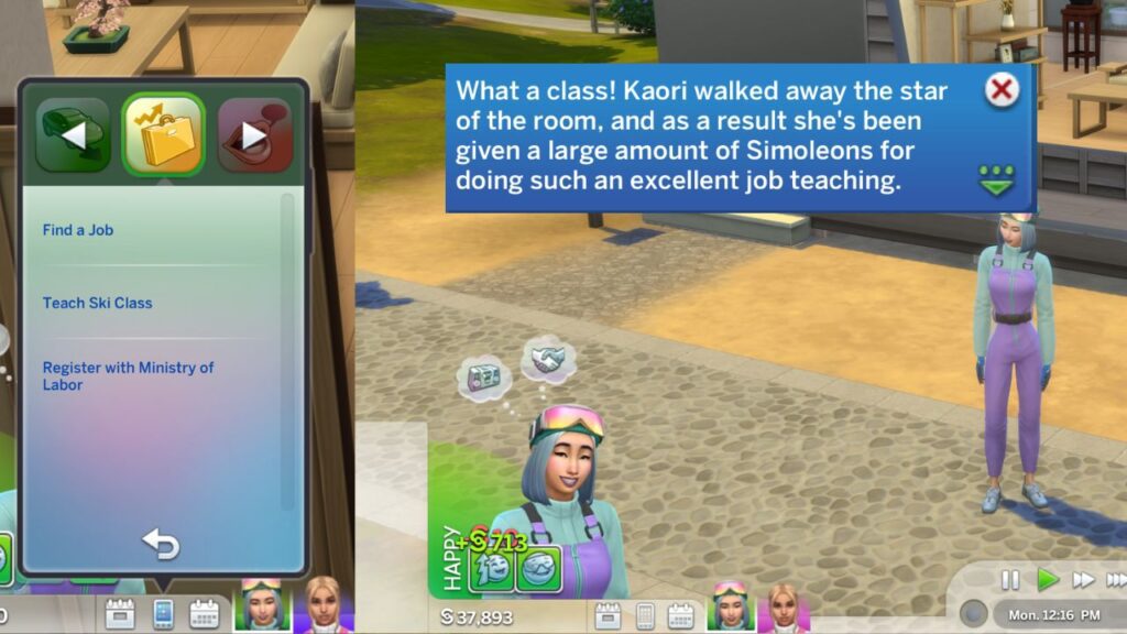 A screenshot from the sims 4 showing the option to teach a ski class on a phone 