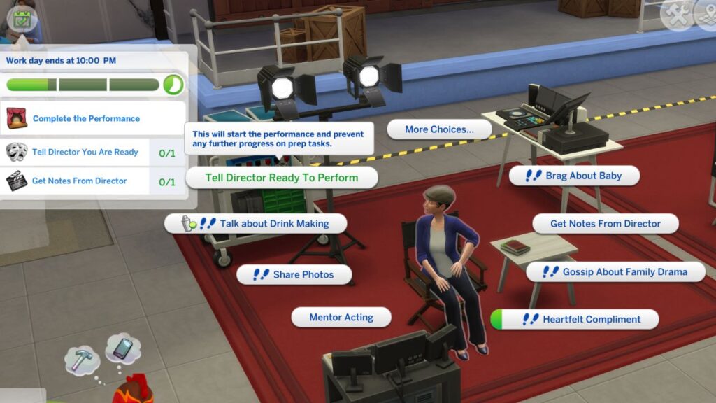 A screenshot from The Sims 4 showing how to tell director you're ready to perform for a movie acting gig 