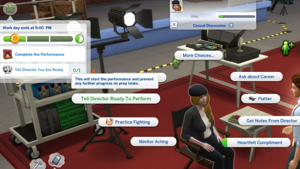 A screenshot from The Sims 4 showing how to tell a director you're ready to perform