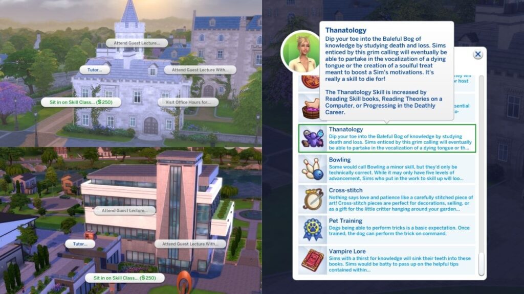 A screenshot showing the ability for sims to take a thanatology skill class