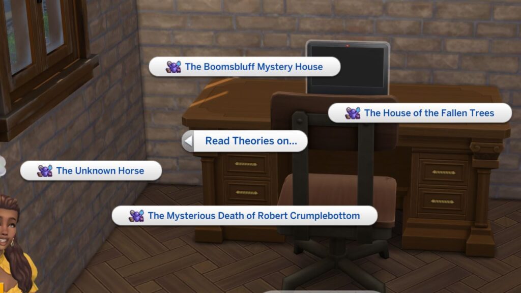 A screenshot from The Sims 4 with a computer menu open with Read Theories On menu visible