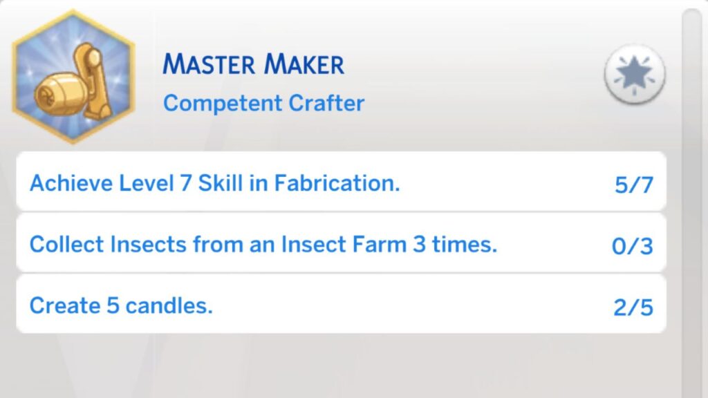 A screenshot from the sims 4 of the third stage of the master maker aspiration