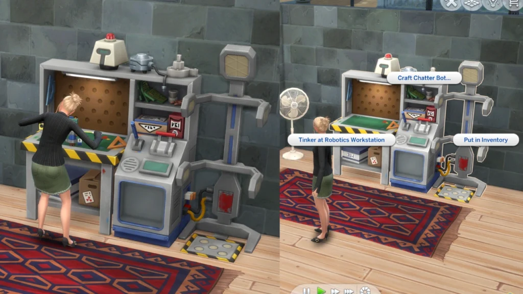 A set of two screenshots from The Sims 4. The first shows a sim working at a robotics station and the second shows the menu options for that station.