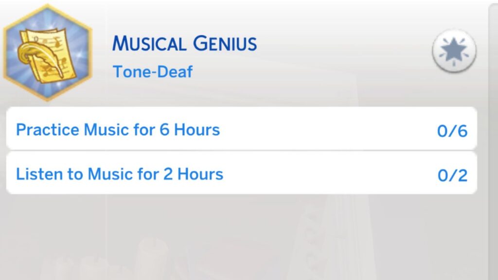 A screenshot from The Sims 4 of the first stage of the musical genius aspiration