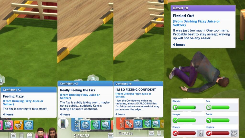 A screenshot from The Sims 4 showing the various moodlets you get as your sim keeps drinking fizz juice