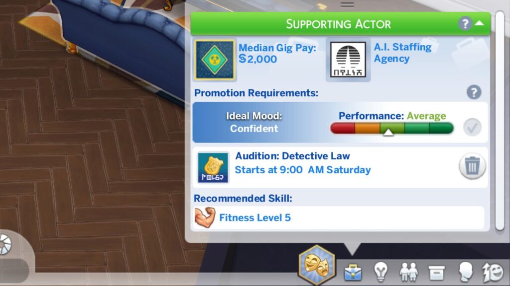 A screenshot from The Sims 4 showing the details of an audition for a TV acting gig
