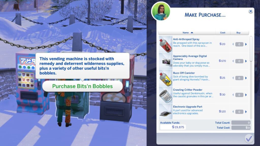 A screenshot from The Sims 4 of the Bits'n Bobbles vending machine