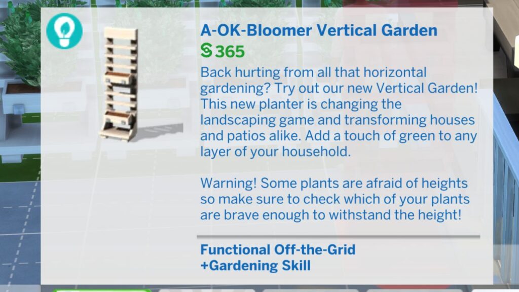 A screenshot of the A-OK Bloomer Vertical Garden item from The Sims 4