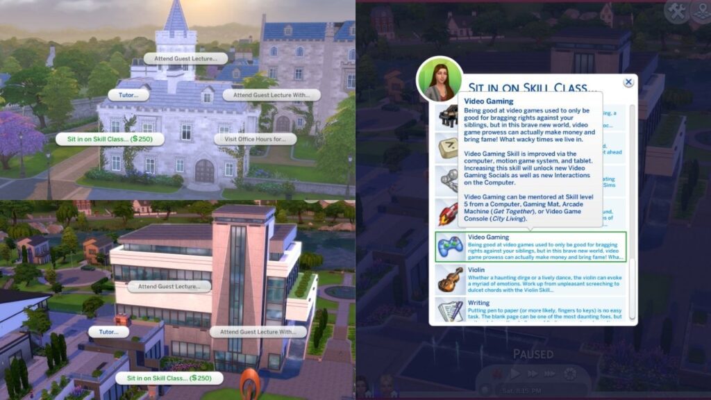 A screenshot from the sims 4 showing the option to take a video gaming skill class 