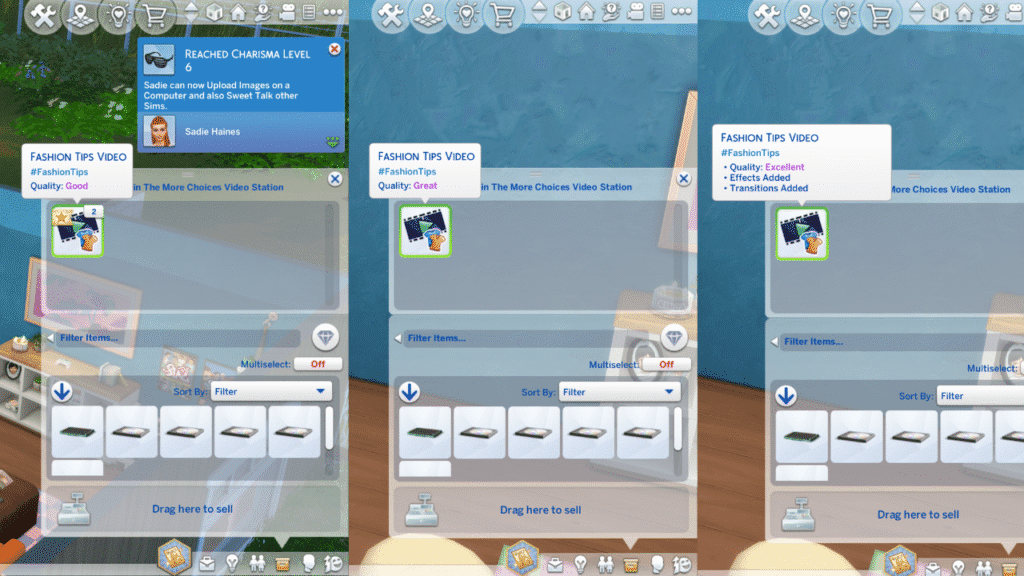 A screenshot from The Sims 4 showing quality improvements in a fashion tips video after editing and adding transitions 