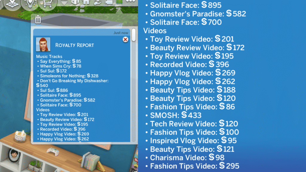 A screenshot from The Sims 4 showing the royalties a sim made from making videos and music tracks 