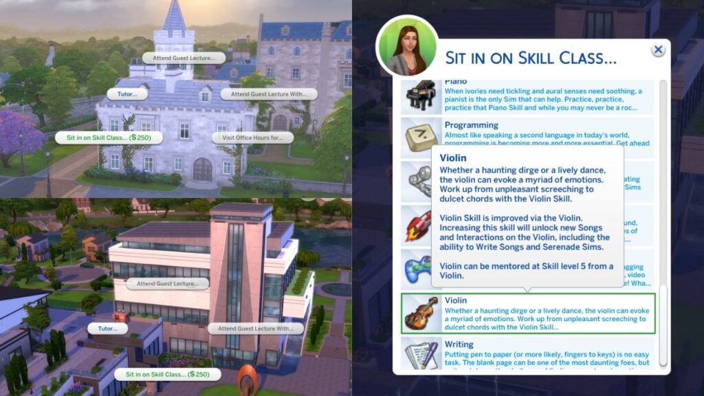 A screenshot from the sims 4 of the options to take a violin skill class